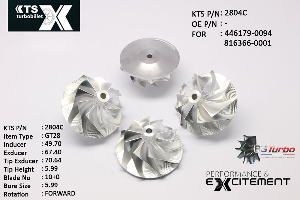 Turbo ROUE FORGÉE MFS PERFORMANCE - 10+0 PALES - INDUCER : 49,7 - EXDUCER : 67,4 - TYPE : GT28ANGLE : 50° - ROTATION : Forward - SUPER BACK : 2,32 - BORE SIZE : 5,99
